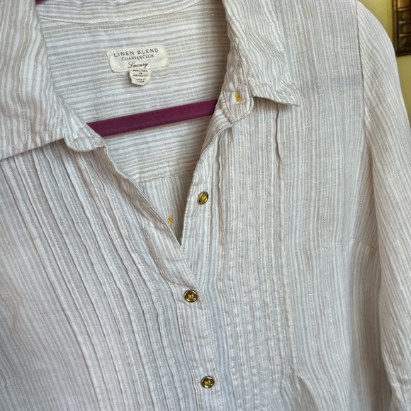 Charter Club Linen Blend Striped, Button Down Roll Tab Sz M - Picture 8 of 13